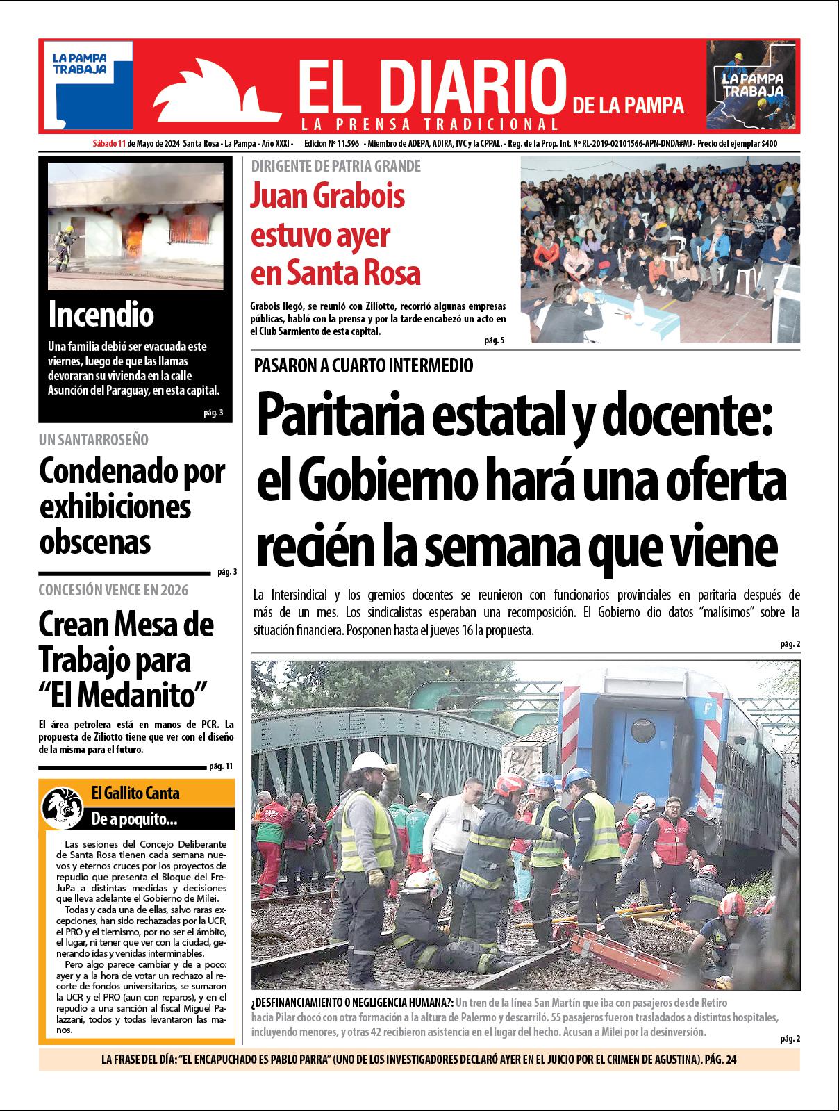 Tapa de El Diario en papel  saacutebado 11 de mayo de 2024